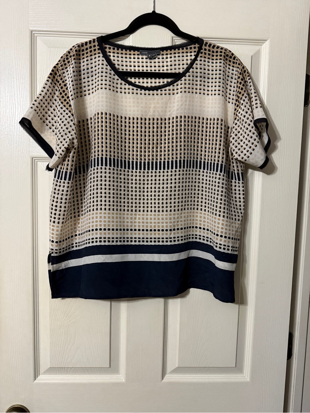 Vince Navy and Cream Short Sleeve Patterned Boxy Blouse